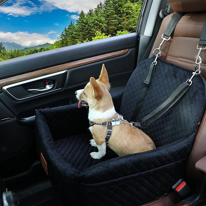 Car Dog Seat with 2 Safety Leashes,Dog Booster Seat for Small Medium Dogs 0-28lbs,Pet Car Travel Safety Bed with Storage PocketsFully Detachable and Easy to Install(S1-Black Outside Grey Inside)