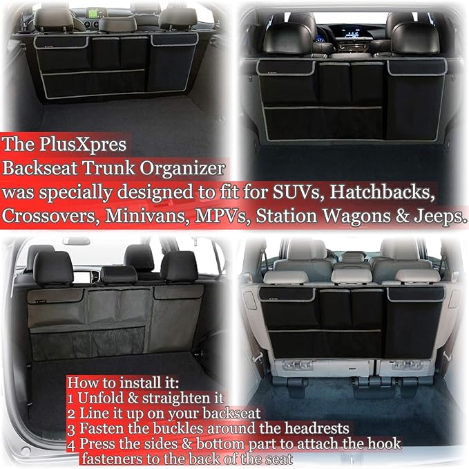 PlusXpres Car Backseat Trunk Organizer - Auto Hanging Seat Back Storage - Multipurpose Cargo Accessory - Space Saving Facilitator for SUV, Hatchback, Crossover, Minivan