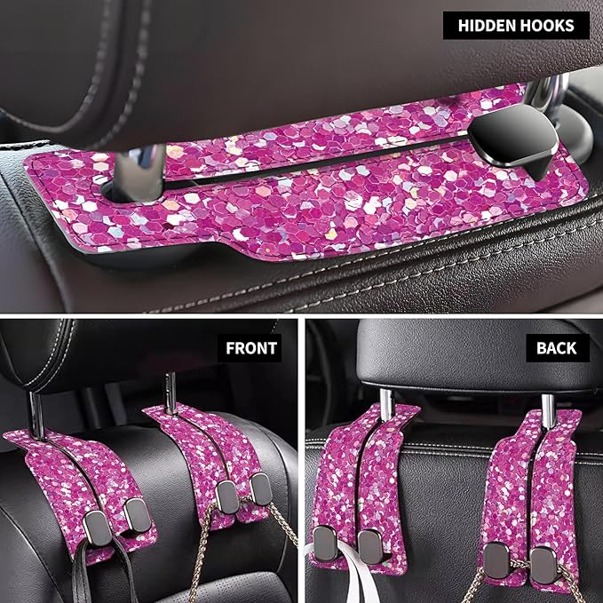 Car Seat Back Storage Headrest Hook, Premium Leather Double Metal Hook, Hanger Storage Organizer for Purse Cloth Bag, Car Interior Accessories Glitter Pink Pattern