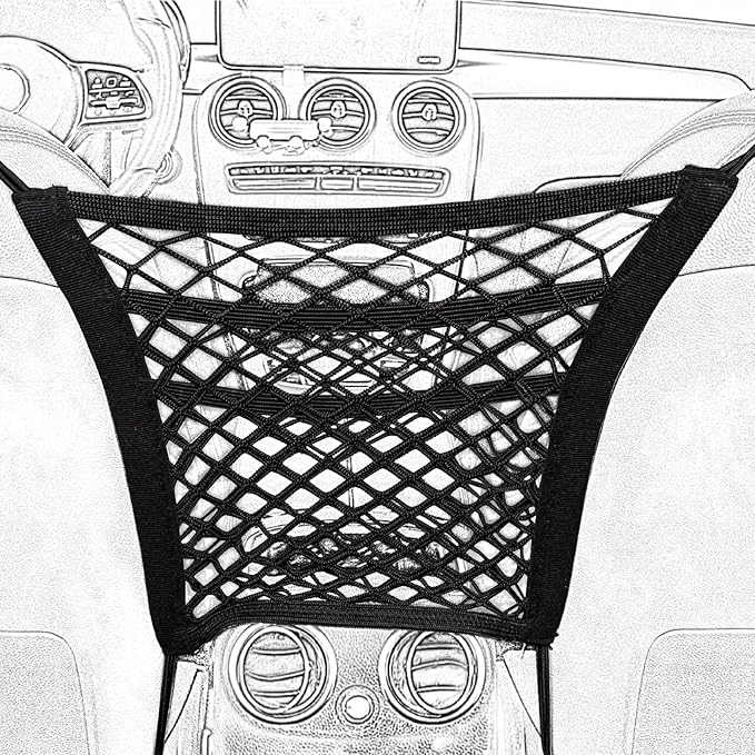 3-Layer Car Mesh Organizer Between Front Seats, 11.8 x 10.6 Inch Car Net Kid Pet Dog Net Barrier with Elastic Storage Pockets for Purses, Tissues, Fits SUV and Van