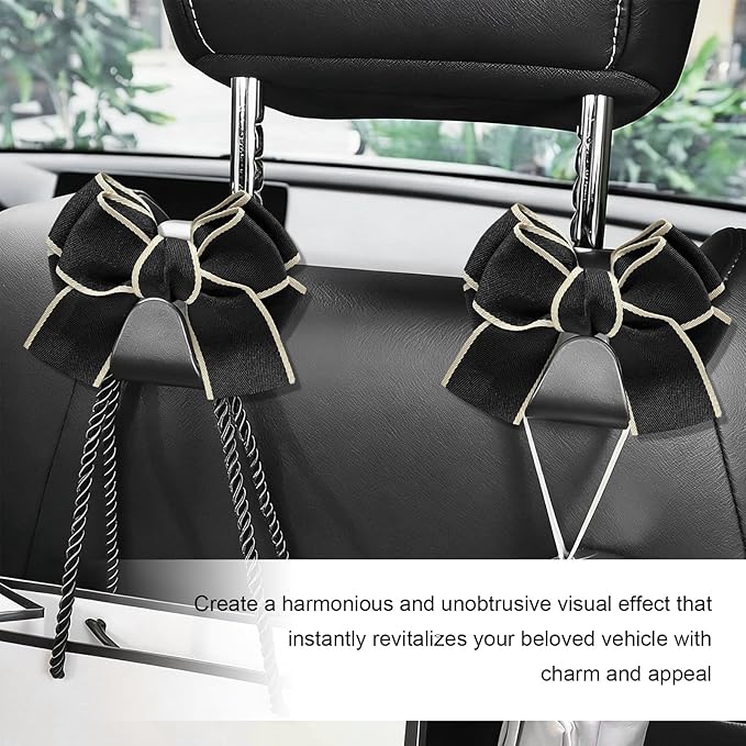 2 PCS Car Seat Headrest Hooks, Adorable Bow Knot Storage Hooks Multipurpose Vehicle Headrest Organizer, Auto Seatback Bowknot Hanger Interior Decoration for Car Truck SUV (Black & White)
