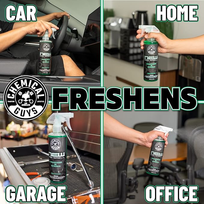 Chemical Guys New Car Smell Air Freshener and Premium Odor Eliminator Refreshes & Neutralizes Odors, Great Car Fresheners for Trucks, SUVs, RVs, and More - 16 oz