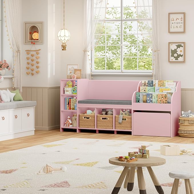 HOSTACK 67" W Kids Reading Nook with Toy Storage Organizer, Large Kids Bookshelf with Toy Storage Box on Wheels, Big Kid Bookcase with Bench and 6 Open Cubbies for Playroom, Kid Room, Pink