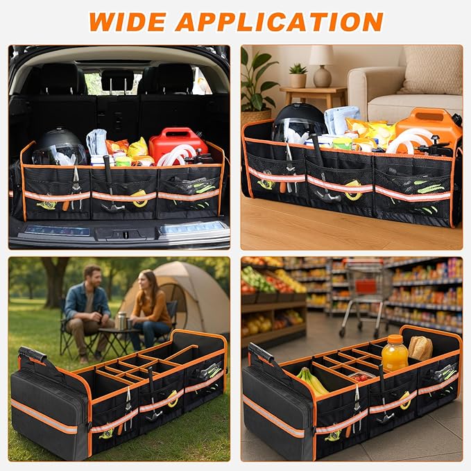 95L Car Trunk Organizer with Removable Cooler Bag, Collapsible Trunk Storage Organizer with Removable Lid - Multi Compartment Waterproof Storage Organization, Fits Most Car, Truck, Orange
