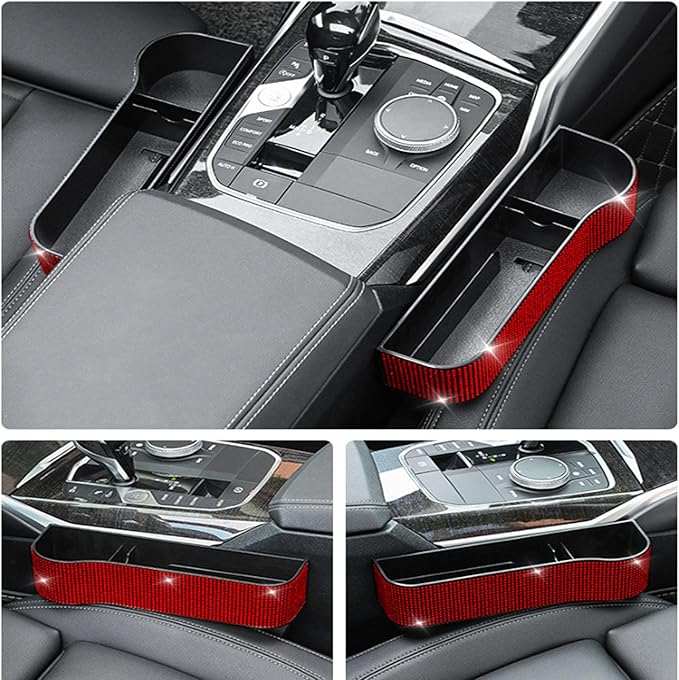 Bling Bling Car Seat Gap Filler, Car Seat Console Pockets Organizer Caddy Catcher, Crystal Auto Console Side Pouchs for Cellphone Wallet Coin Key Credit Card (Driver side & Passenger side-Red)