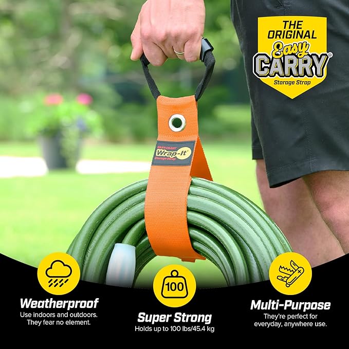 Easy-Carry Wrap-It Storage Straps - 28” (2-Pack) Blaze Orange with Grommet - Heavy Duty Wrap It Storage Straps and Extension Cord Wrap for Water Hose Storage