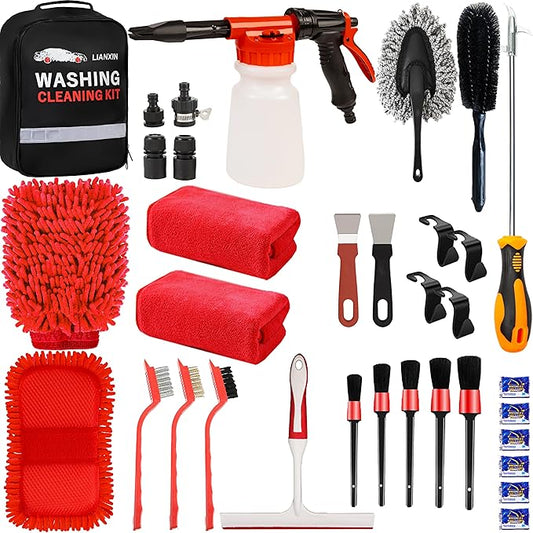 LIANXIN Car Wash Kit Car Wash Cleaning Kit with Car Wash Foam Gun Microfiber Sponge and Towels Tire Brush Built, Car Foam Gun, Car Cleaning Tool