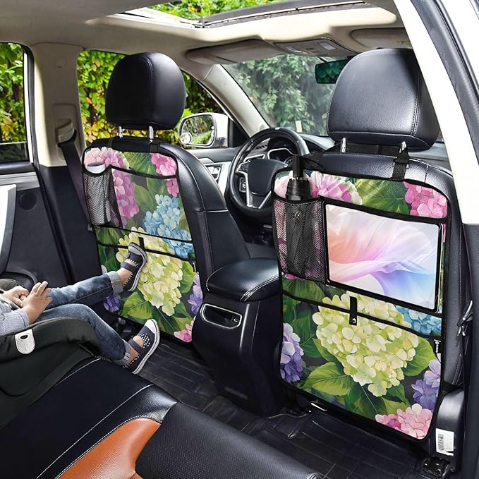 Pink Hydrangea 2 Pack Backseat Car Organizer with Storage Pockets Seat Back Organizers for Kids Kick Mats Backseat Protector Automotive