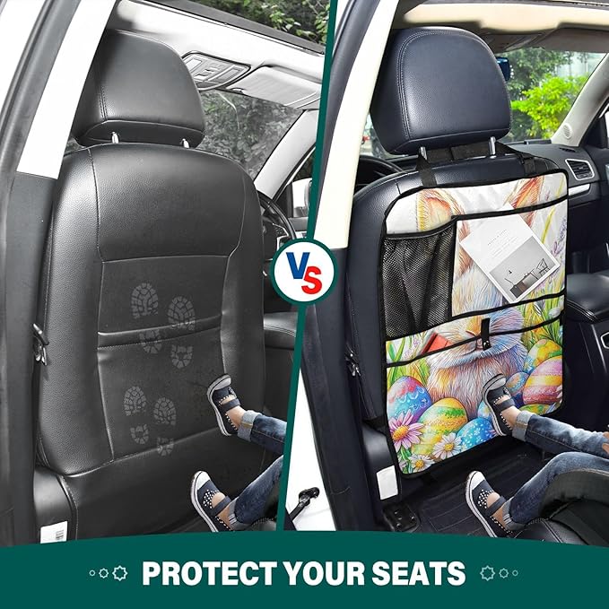 Colorful Bunny Eggs 2 Pack Backseat Car Organizer with Storage Pockets Seat Back Organizers for Kids Kick Mats Backseat Protector Automotive
