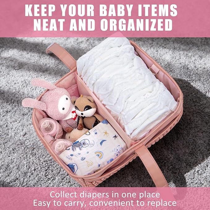 Baby Diaper Caddy Organizer - Large diaper basket with Adjustable Shoulder Strap, Portable Car Travel Tote Bag with Stroller Clips, Essential Newborn Girl Registry Gift, Pink