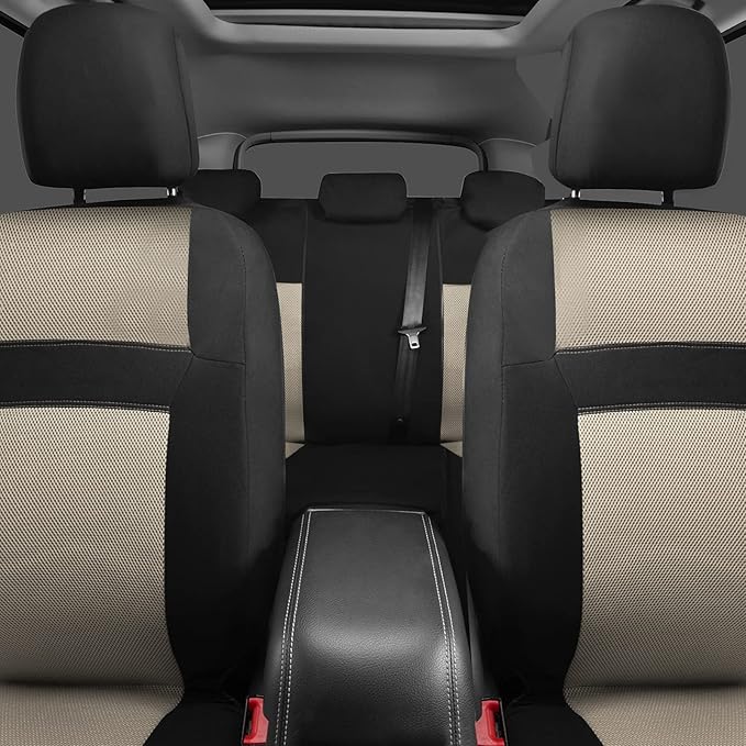 CAR PASS Seat Cover Full Sets, 3D Air Mesh Car Seat Cover with 5mm Composite Sponge Inside,Airbag Compatible Universal Fit for SUV,Vans,sedans, Trucks, Automotive Interior Covers (Black Beige)