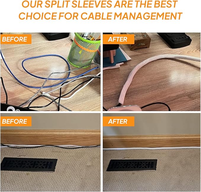 Self-Closing Split Braided Cable Organizer,Curly Cord Protector for Car High Temp Harness Sleeve/Computer Desk Audio Wire Covers (White 1"-22ft)