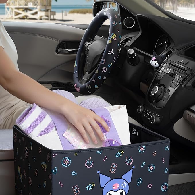 Sanrio Kuromi Car Trunk Organizer, Steering Wheel Cover, Air Freshener & Refill – Cute, Collapsible, Heavy-Duty Storage & Car Accessories for Groceries, Tools, Travel – 12.5"L x 12.5"W x 9"H