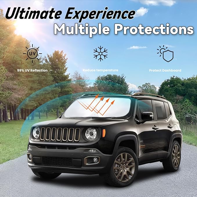 Windshield Sun Shade for Jeep Renegade 2015-2024, Car Front Window Sunshade with 240T Sun Visor Protector Blocks UV Rays Heat Sun Shield Accessories