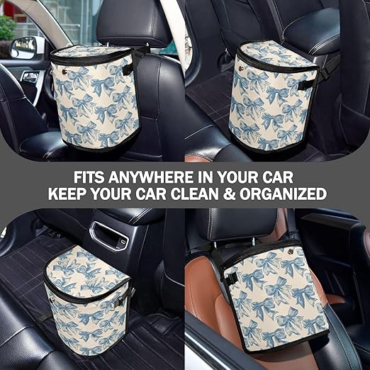 Car Trash Can Blue Bow Car Garbage Bag with Lid Hanging Waterproof Leak Proof Vehicle Storage Bin