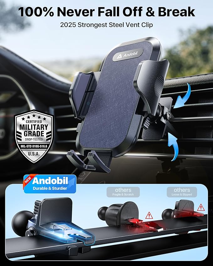 andobil Car Phone Holder Mount (Strong Suction&Bumpy Road Stable) Phone Holders for Your Car, Cell Phone Car Mount for Windshield Dash Vent Truck Cradle Stand for iPhone 17 16 15 14 Pro Max, Blue