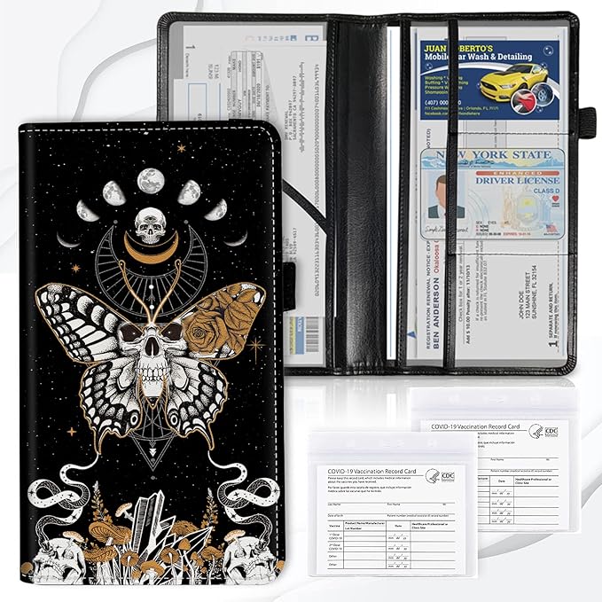 Car Registration and Insurance Card Holder, Premium PU Leather Vehicle Wallet Cover for Glove Box Car Organizer Drivers License / Cards / ID Essentials Document Holder, Skull Butterfly Moon Phase