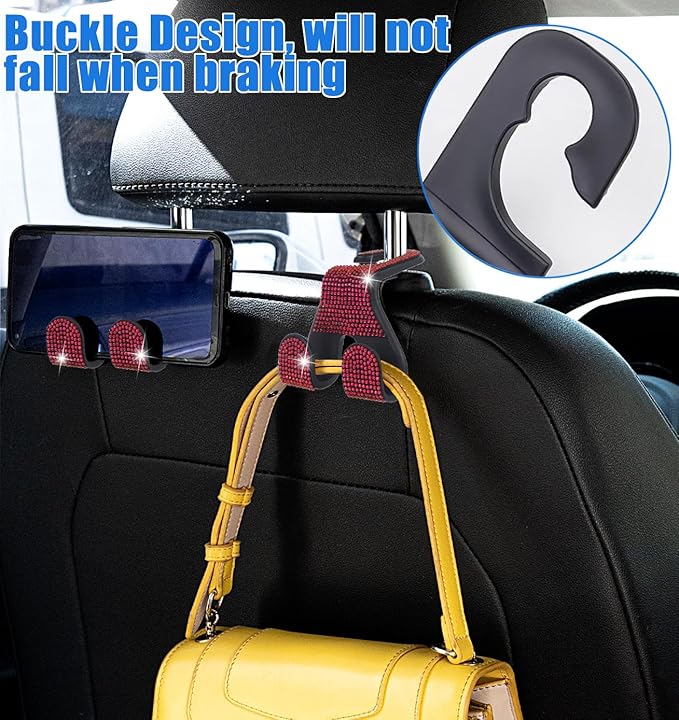 MTGOCHA Bling Car Purse Hooks 2Pcs, Durable Car Headrest Hook, Holds 44Lbs, Double-Hooks, Wide-Opening, Rhinestone Automobile Purse Hangers Holder, Bling Car Accessories for Women, Red