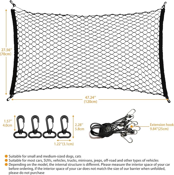 Dog Car Barrier 47" Wide for Trucks/SUVs/Full Sized Sedans Pet Restraint Car Backseat Divider Vehicle Gate Cargo Area Travel Trunk Mesh Net Screen Barricade