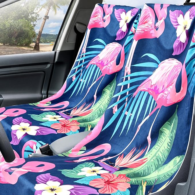 Hahafelt 2 Pack Car Seat Towel Covers with Storage Bag 63 x 32 Inch Athletic Running Towel Seat Sweat Washable Non Slip Cover Gift for Car Outdoor Sport Activities (Flamingos)