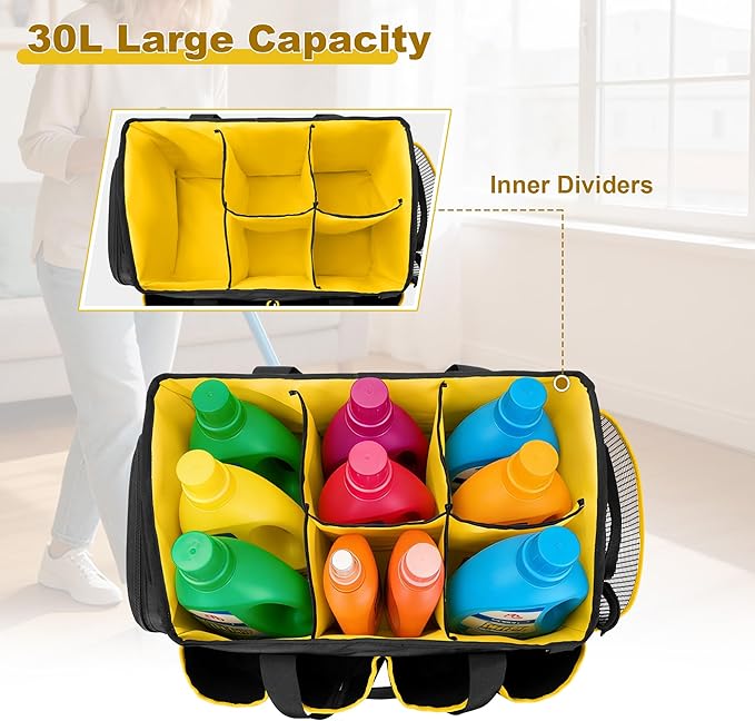 Extra-Large Cleaning Caddy Organizer with Handle, Cleaning Supplies Tote Bag Built-in Support Boards, Cleaning Tool Organizer for Cleaners, Housekeepers, Kitchen Cleaning Supplies