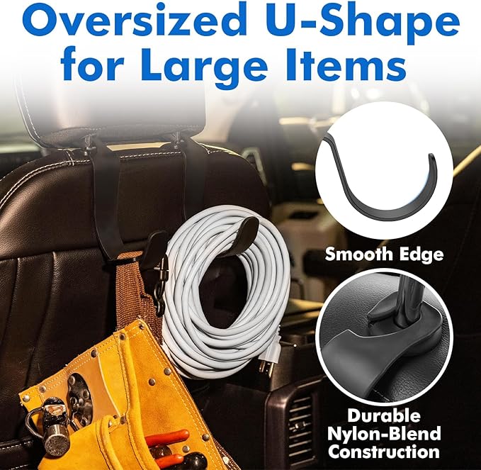 Travel Depot XL Hard Hat Holder for Truck Seat – Heavy-Duty Headrest Hooks, Hardhat Buddy Hanger & Seat Back Organizer for Hard Hats, Bags & Gear, Truck Accessory Organizer, 4-Pack