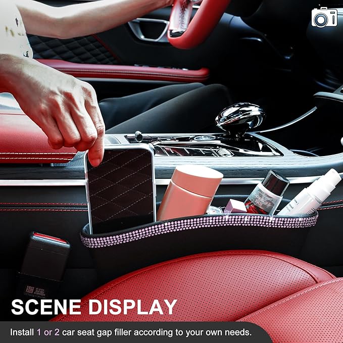 eing 2 in 1 Car Seat Gap Organizer, Front Car Seat Crevice Storage Box, Car Seat Gap Filler with Crystal Diamonds, Adjustable Storage Pocketsfor Glasses, Keys and Phones, 2 - Pack Pink