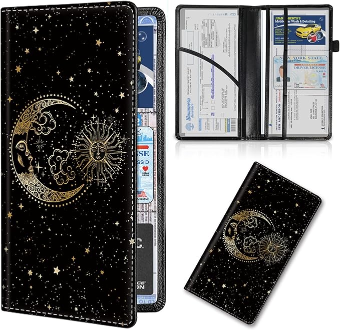 Car Registration and Insurance Card Holder, Premium Leather Vehicle Wallet Cover for Glove Box Car Organizer Drivers License/Cards/ID - Essentials Document Holder, Sun Moon Stars