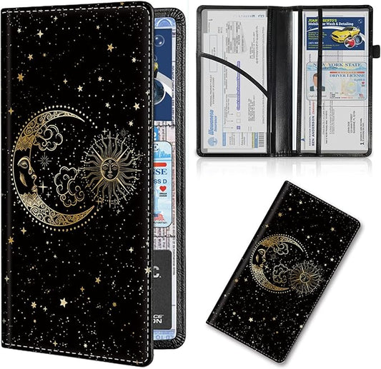 Car Registration and Insurance Card Holder, Premium Leather Vehicle Wallet Cover for Glove Box Car Organizer Drivers License/Cards/ID - Essentials Document Holder, Sun Moon Stars