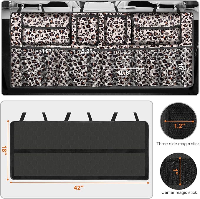Car Trunk Organizer, Super Capacity Backseat Car Organizer for SUV/Truck/MPV, Hanging Car Storage Organizer with 8 Pocekts, Car Accessories for Women and Men- Leopard print