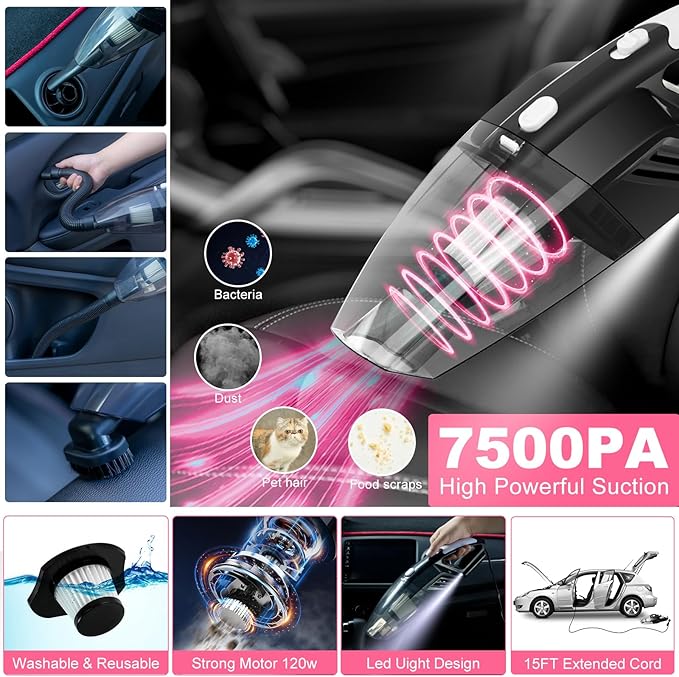 AUTODECO 39Pcs Car Cleaning Wash Kit Interior Detailing Cleaner Kit with High Power Handheld Vacuum, Brush Set, Windshield Tool, Duster, Towels, Tire Brush, Complete Car Care Tools, Pink