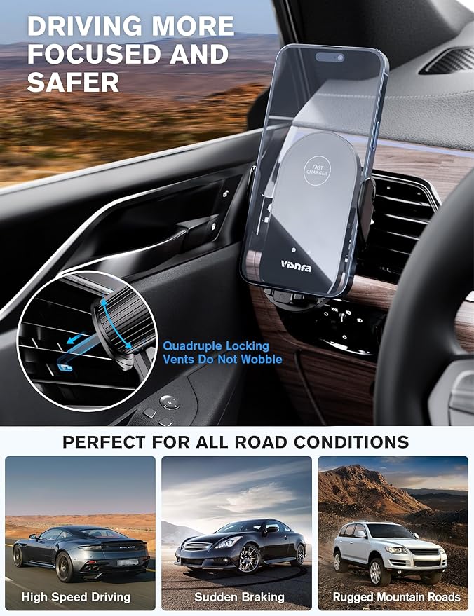 Wireless Car Charger, 15W Fast Charging Car Phone Holder Auto Clamping, Phone Mount for Car Dashboard Air Vent Windshield, for All iPhone Android (Black)