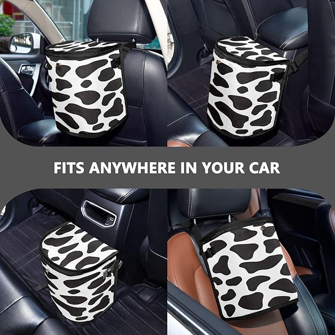 Bolaz Black and White Cow Print Waterproof Car Trash Can Leak Proof Car Trash Bag with Lid Car Garbage Can for Headrest SUV Truck