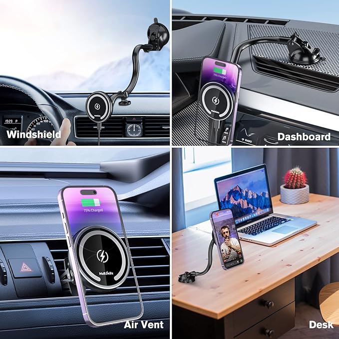 MAGJIEYX Fits Car Mount Wireless Charger, Gooseneck Long Arm Suction Cup, Fast Charging Strong Magnets Car Phone Holder,Dash/Vent/Windshield for iPhone 15/14/13/12,Pro Max,Plus,Mini,MagSafe Case