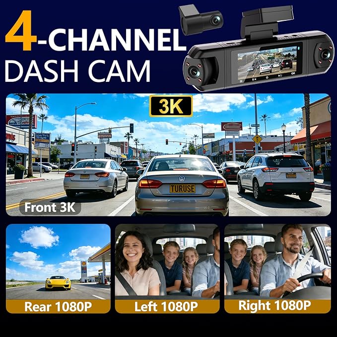 4 Channel Dash Cam, 360° View 3K Front +1080P x3 Left & Right, Dash Camera for Cars,8 IR Lamps Night Vision,Voice Control,WiFi & APP Control,G-Sensor,Parking Mode, with a Free 64GB SD Card