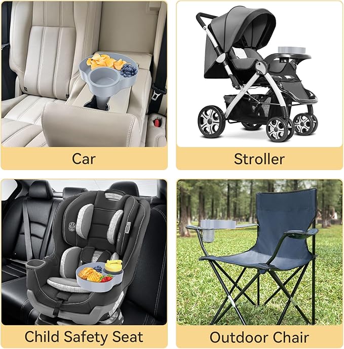 Car Seat Snack Tray for Kids: Kids Car Travel Tray with Cup Holder, Toddlers Road Trip Essential, Snacks Food Plate for Stroller, SnackTray with a Cup Holder (1, Gray)