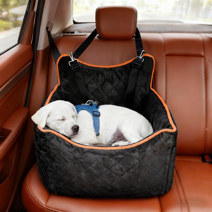 Dog Car Seat for Medium Sized Dogs 30 lbs, Safety Booster Seat for Small Dogs Hooks to The Seatbelt & with Elevated Cushion, Soft Waterproof Washable Small Dog Car Seat with Storage Pockets (Black)
