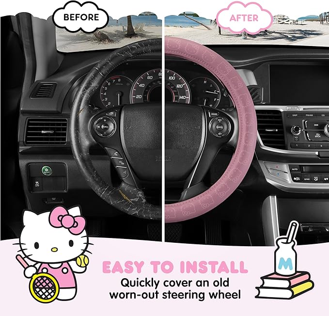 Sanrio Hello Kitty Car Trunk Organizer & Steering Wheel Cover Set – Cute, Non-Slip, Soft Grip Car Accessories for Women – Collapsible Storage Bin for Groceries, Tools & Travel – 12.5"L x 12.5"W x 9"H