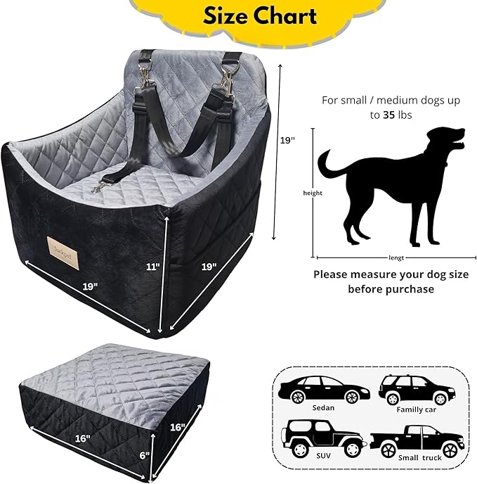 Dog Car Seat for Small/Medium Dogs up to 35 lbs, Memory Foam Booster Seat with Washable Cover, Storage Pockets & Safety Belts, Travel Pet Bed for Front & Back Seat