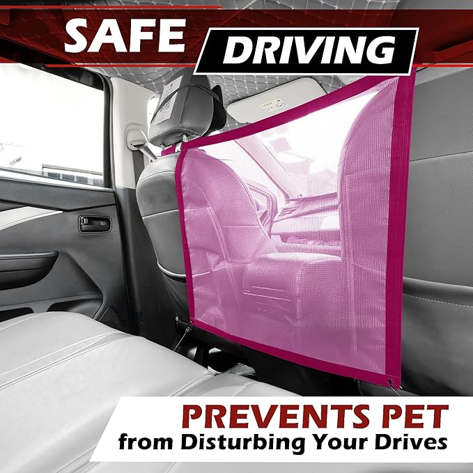 Universal Dog Car Net Barrier – Sturdy Mesh, Easy Install, Breathable Design, Easy to Clean, Flexible Bungee Cords for Adjustable Fit 23"×23" (Rose Red)