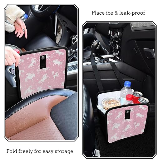 Car Trash Can Organizer Bin with Adjustable Strap for Back Front Seat Console Waterproof Leakproof Collapsible Portable 11 Inch Pink Unicorns Silhouette and Stars