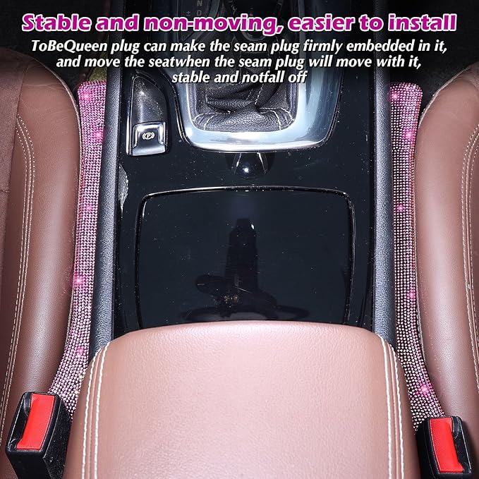 Briwill Pink Car Seat Gap Filler, Set of 2 Pink Bling Car Gap Filler Universal Fit for Car SUV Truck, Handmade Crystal Rhinestone Diamond Pink Bling Car Accessories for Women(Pink)