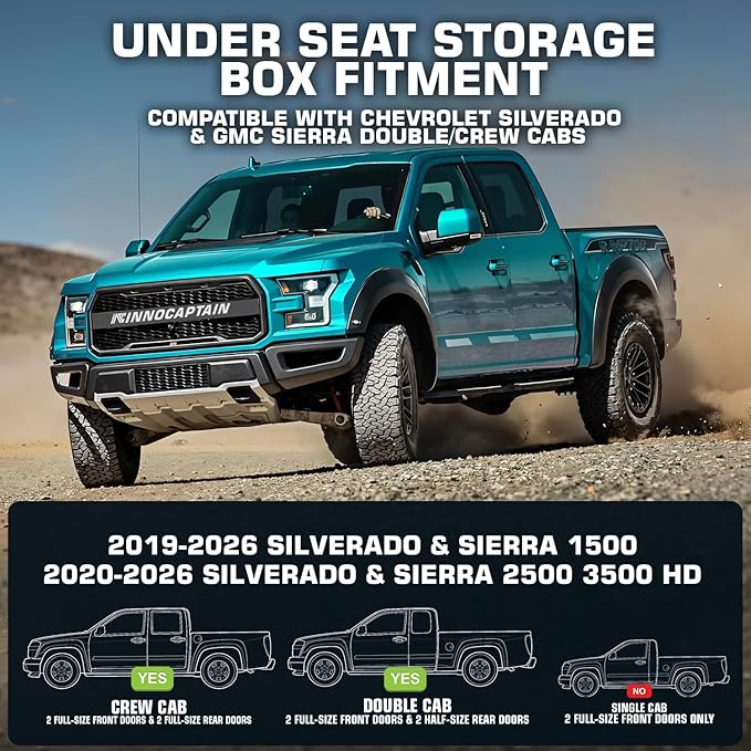 Black Rear Underseat Storage Custom Fit 2019-2026 Chevrolet Silverado and GMC Sierra 1500 2500 3500 HD Double Cab & Crew Cab Heavy Duty Rear Under Back Seat Box Organizer, Anti Slip