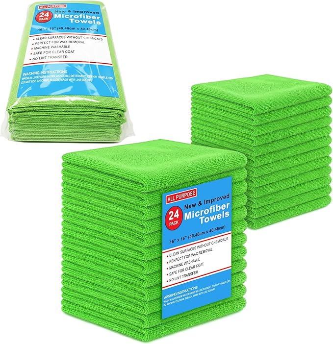 Blue Horizon Microfiber Cleaning Towels, Pack of 24, Ultra Soft Plush Washcloth, All Purpose Premium Microfiber Detailing Cleaning Cloths Reusable Shop Towels (16" x 16", Green)