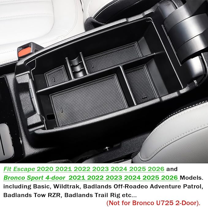 TACOBRO Center Console Organizer Tray Compatible with Ford Escape 2020-2024 2025 2026 and 2021-2024 2025 2026 Bronco Sport CX430 4-Door (Not for U725 2-Door) Secondary Storage Armrest Box - Black