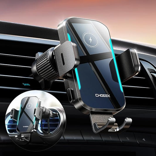 CHGeek Wireless Car Charger, 15W Fast Charging Car Phone Holder Charger Auto-Clamping Air Vent Car Phone Mount with Blue LED Backlit for iPhone 16 15 14 13 12, Samsung S24 S23 S22, etc