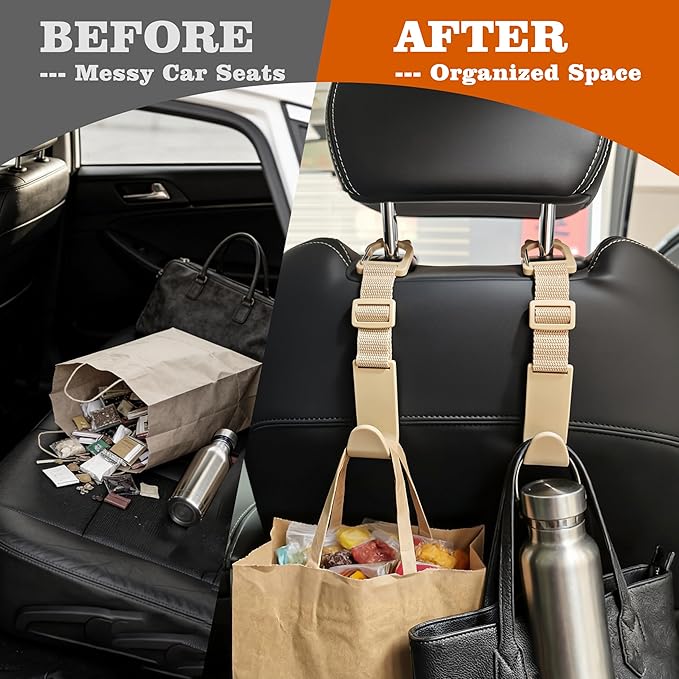 Amooca Car Headrest Hooks 4 Pack Adjustable Universal Fit Auto Seat Back Organizer Storage Hanger Purse Bags Holder with Clip Beige