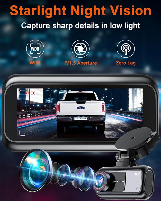 Pemacom Truck Dash Cam Easy-Steup: Dual Camera 4K Front and 2K Rear with Night Vision GPS WiFi Clear Captures Pickup Trucks License Plates - 72H Parking Monitoring for Daily Commute