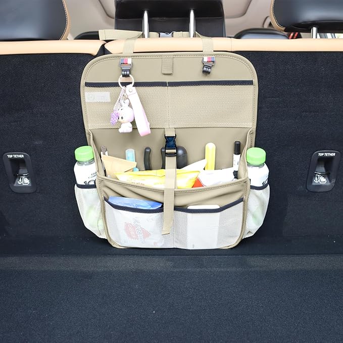 Car Seat Organizer for the Front or Back Seat or Trunk, Multi-Use Car Interior Storage bag, Fit for SUV/MPV/Truck,Premium Waterproof Faux Leather (1, Beige)