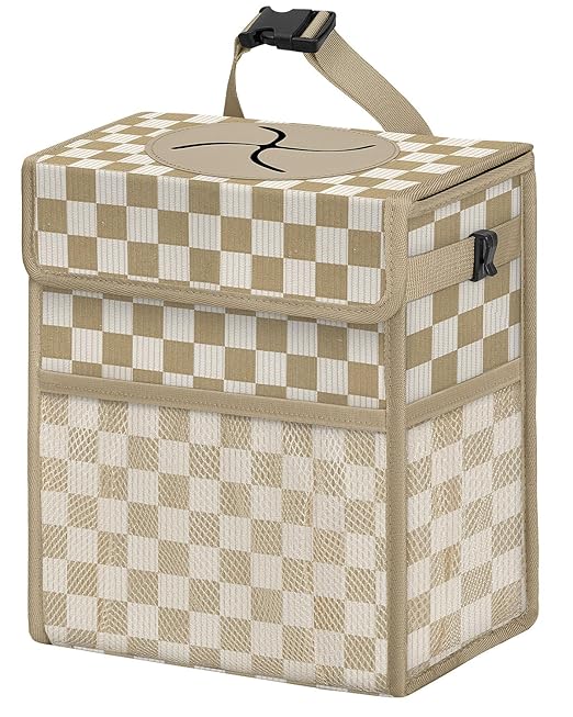 Corduroy Car Trash Can with Lid and Mesh Pockets - Leakproof Organizer,Multipurpose Waterproof Garbage Can/Trash Bin for Car(Khaki Check-3 Gallons)
